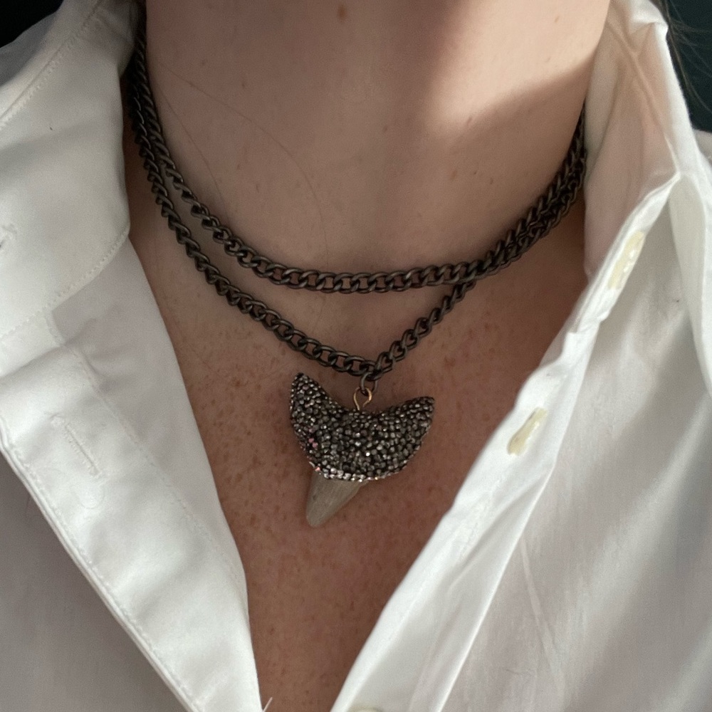Raw & Rebellious Gunmetal tone double choker with bejeweled genuine shark tooth